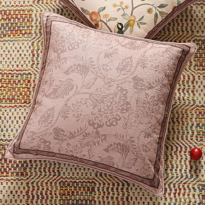 Pink Farmhouse Throw Pillow Covers, Birds and Flowers Pattern Cozy Velvet - Image 2