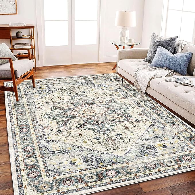 Area Rug 6'x9' Cyan Khaki Washable Vintage Traditional Floor Cover Thin Retro - Image 2