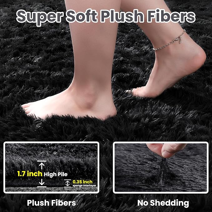 2x6 Bedside Area Rugs for Bedroom: Soft Fluffy Shag Black Rug for Hallway - Image 4