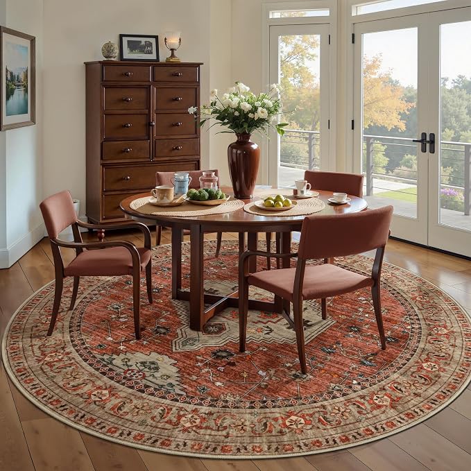 Tangsoo Round Rug 5ft, Washable Circle Rug, Vintage Non Slip Boho Round Area Rug - Image 3