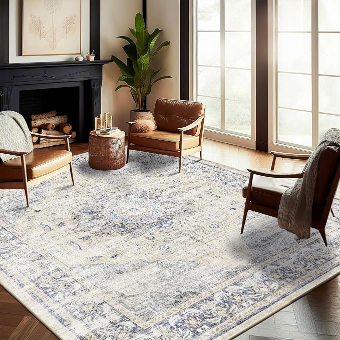 Washable Area Rug 9'x12' Floral Blue Boho Design Non-Shedding Easy Care Ideal by CHAMPLANT