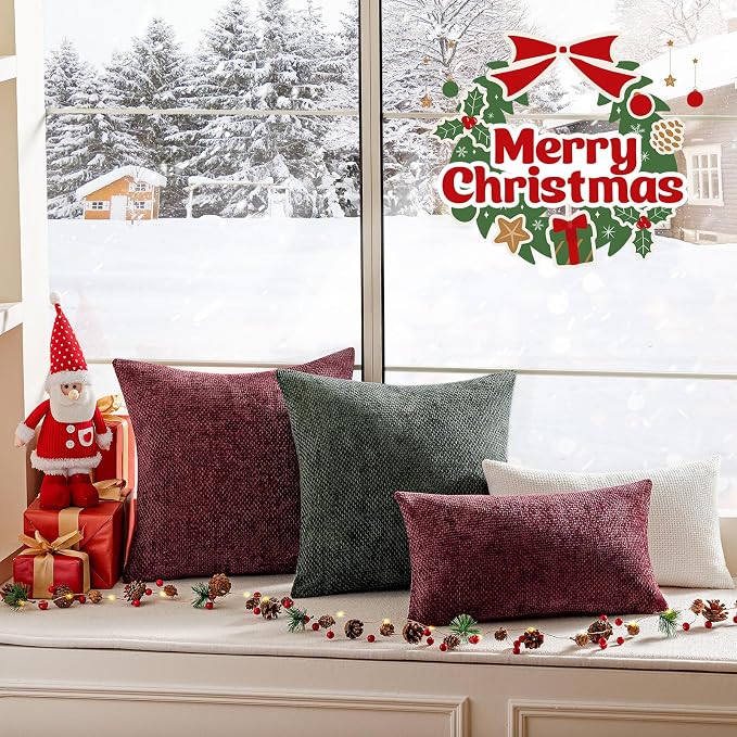 a moment Christmas Wine Red Chenille Throw Pillow Covers 20x20 Inch Pack of 2 - Image 4