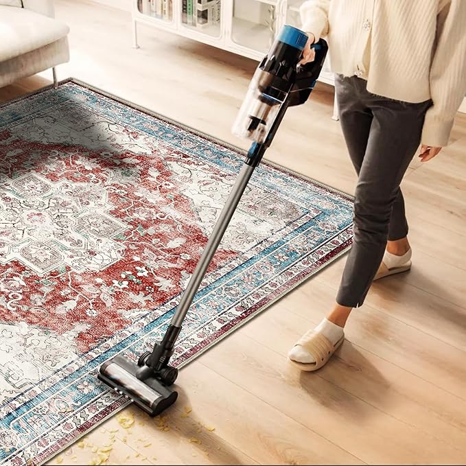 Washable Area Rug 9'x12' Red Blue Retro Flowers Boho Design Non-Shedding Easy - Image 3