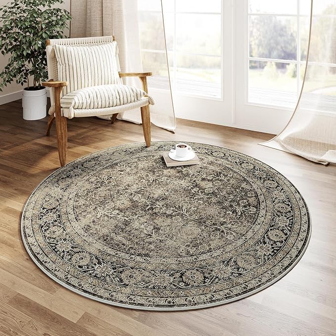 Brown Round Area Rug 3ft Entryway 3x3 Circle Vintage Indoor Kitchen Washable - Image 5