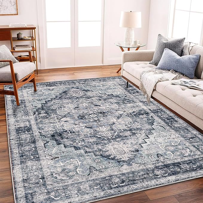 Area Rug 6'x9' Dark Blue Washable Vintage Traditional Floor Cover Thin Retro by CHAMPLANT