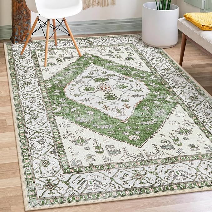 Lahome Boho Green Machine Washable Living Room Rugs by Lahome