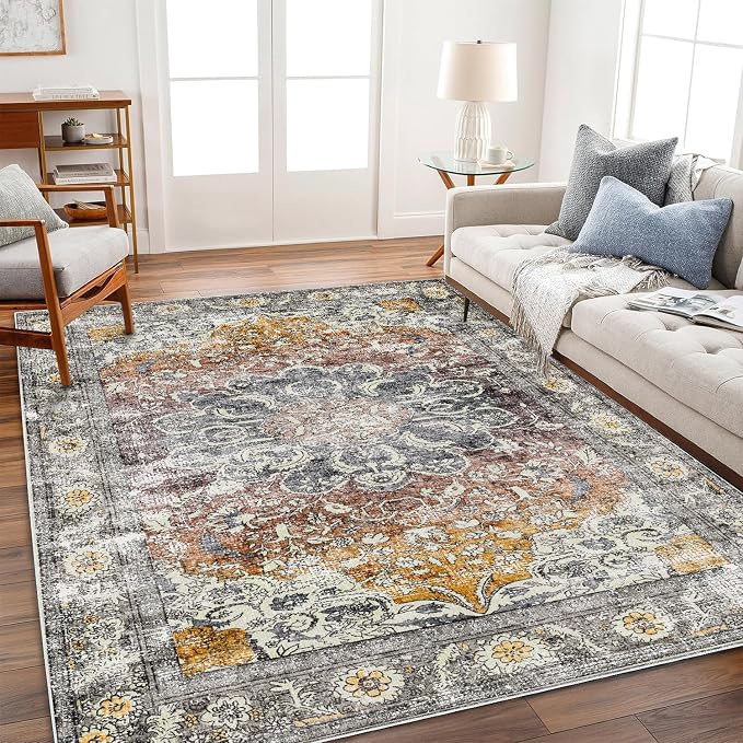 Area Rug 6x9 Washable Rug Brown Grey Vintage Traditional Distressed Thin Retro by CHAMPLANT