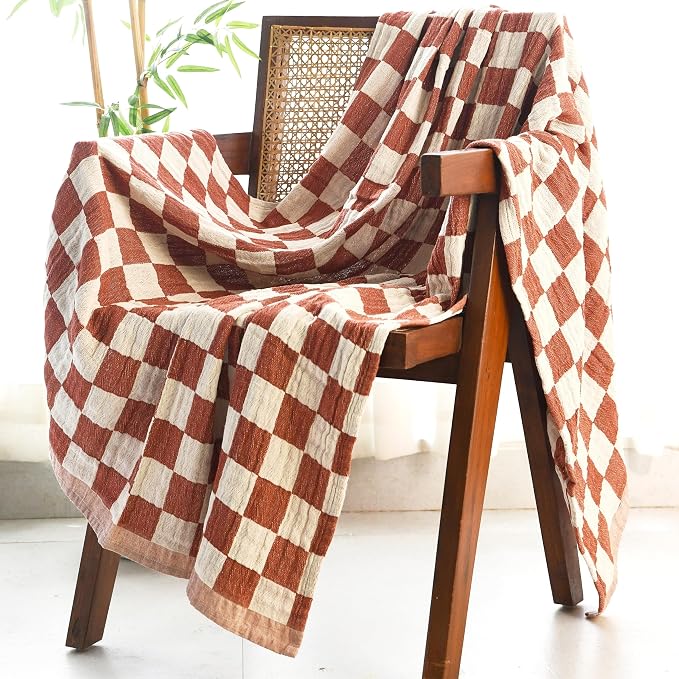 Folkulture 100% Cotton Throw Blanket, Rust Checks, Lightweight, All Seasons by FOLKULTURE