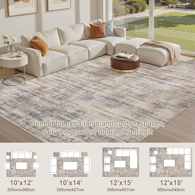 Area Rug for Living Room: 10x12 Washable Neutral Abstract Modern Soft Rugs Non - Image 4