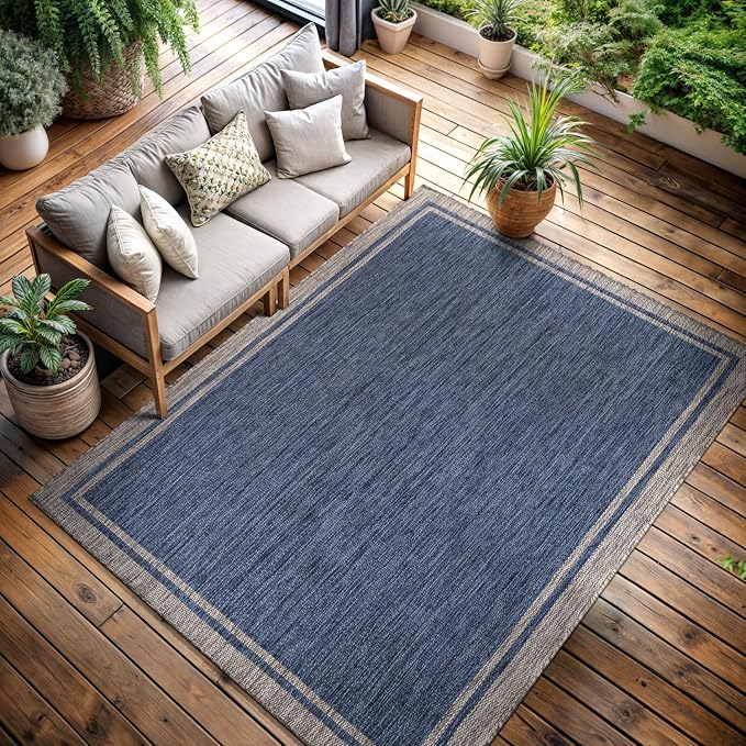 CAMILSON Indoor Outdoor Rug, 10x14 Bordered Navy Blue Gray Modern Large Area - Image 9