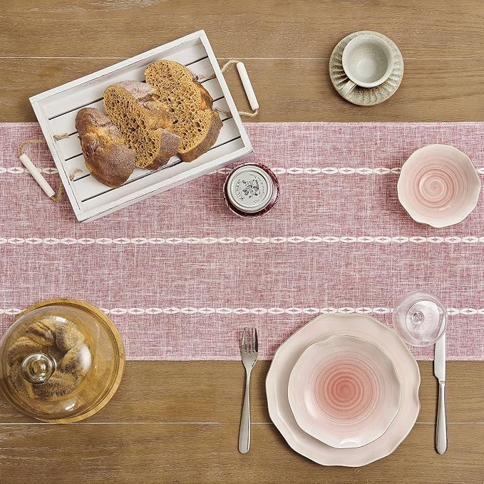 ZeeMart Farmhouse Braided Striped Table Runner, Rustic Pink Table Runners 48 - Image 4