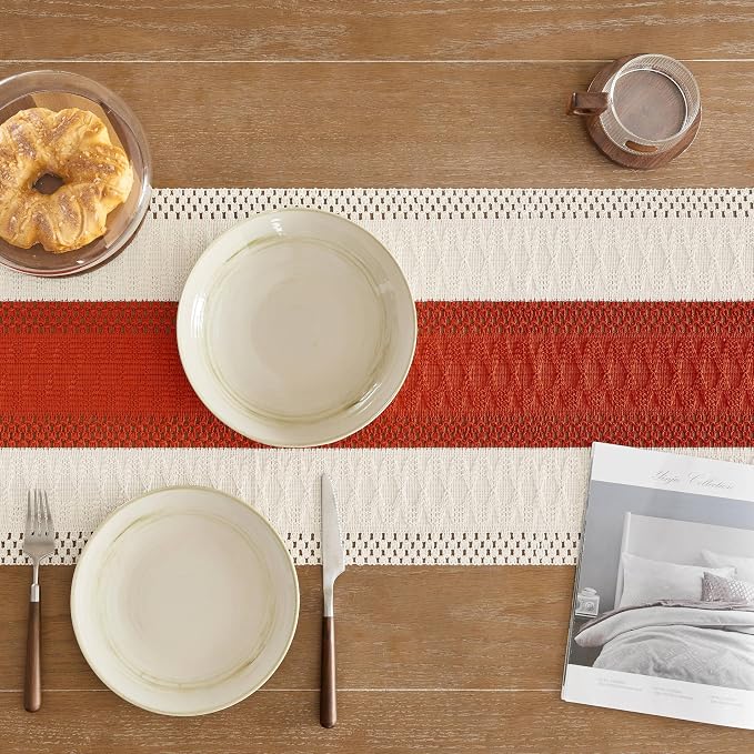 ZeeMart Macrame Style Bicolor Stitching Table Runner, 14 x 60 Inch Orange/Ivory - Image 5