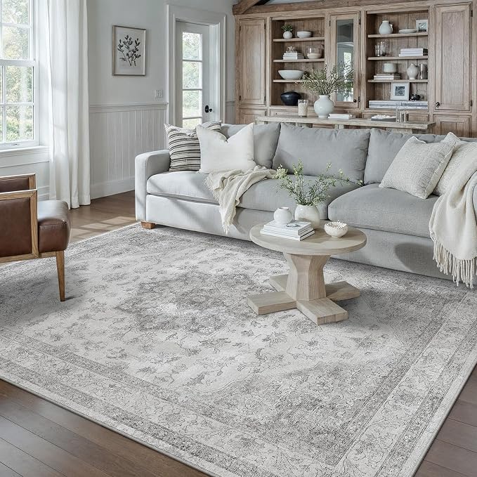 Grey Gray Area Rug 5x7 Washable Vintage Carpet by PureCozy