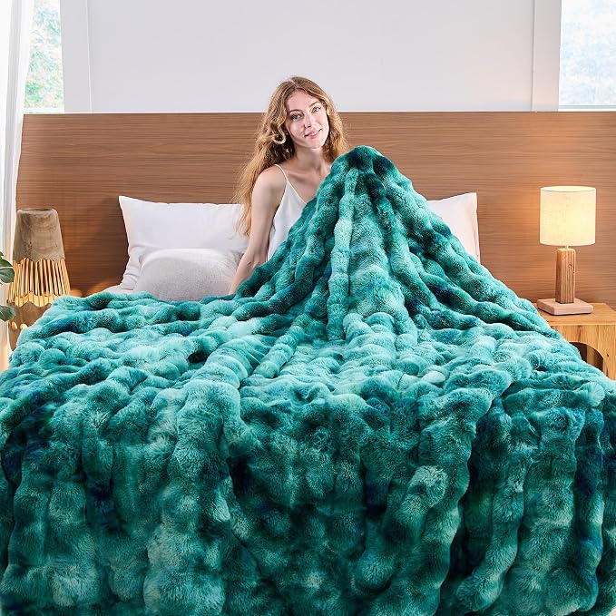 Lotus Karen Faux Fur Throw Blanket Tie-Dye Green-Big Bubble Rabbit Fluff Blanket - Image 4