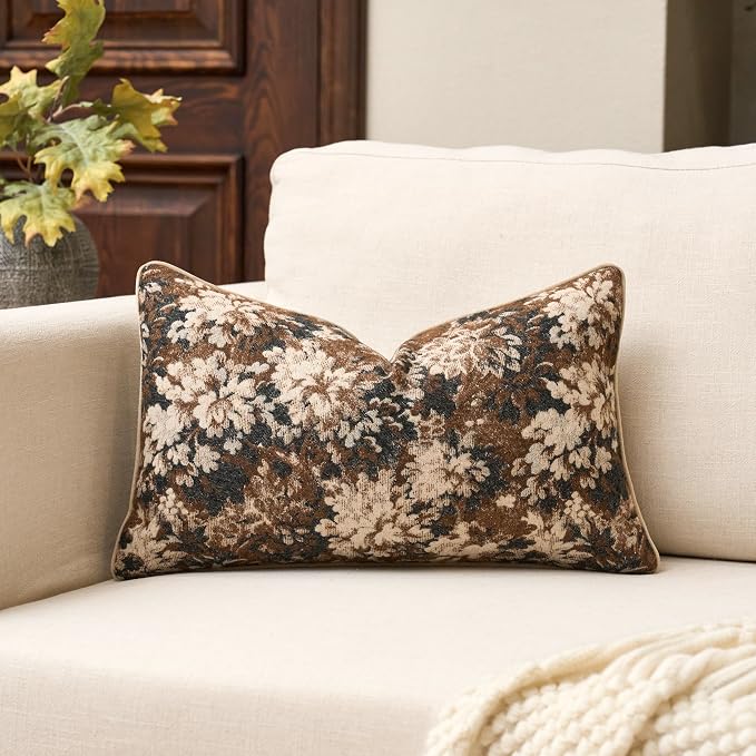 Yangest Neutral Floral Pillow Cover 12 x 20 Inches, Vintage Chenille Rectangle by Yangest
