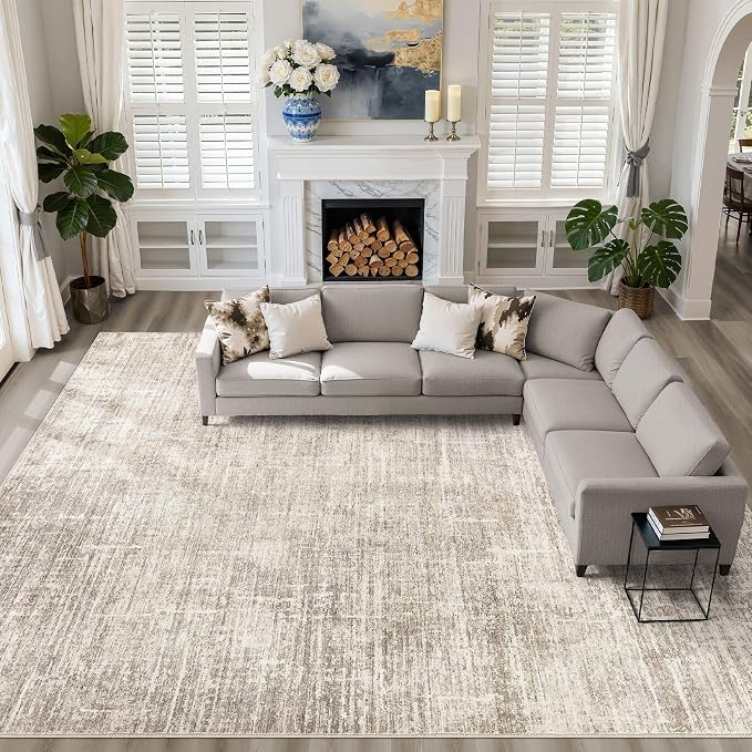 10x12 Area Rug Living Room: Washable Large Neutral Brown Rugs Abstract Soft by LOONGRUG