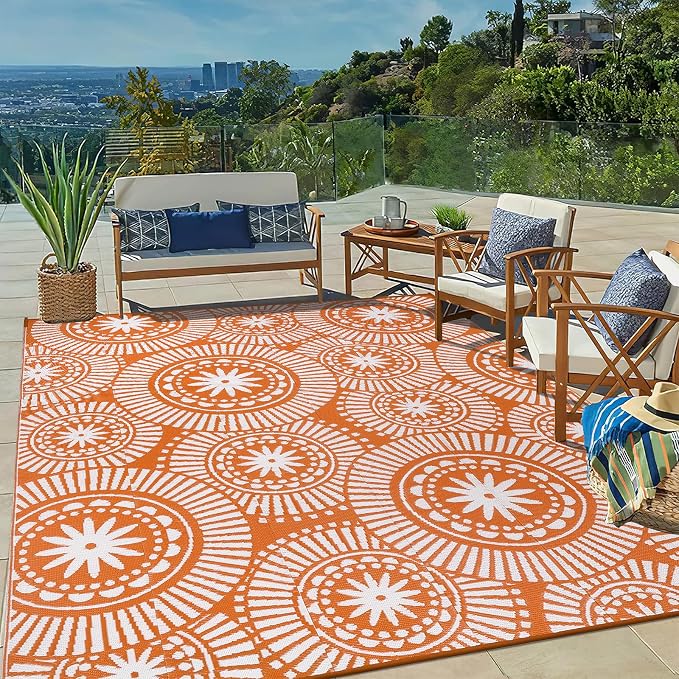 Ileading Large Plastic Outdoor Rug 8x10ft Modern Geometric Style Reversible by Ileading