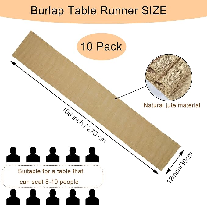 10 Pack Natural Burlap Table Runners, 12 x 108 Inch Rustic Jute Table Runner - Image 2