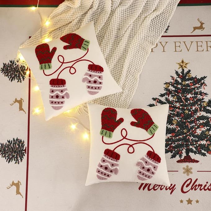 LUOYEHK Christmas Pillow Covers 18x18 Set of 2 Cute Gloves Decorative Beige - Image 3