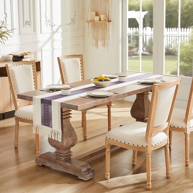 ZeeMart Macrame Style Bicolor Stitching Table Runner, 14 x 108 Inch Purple/Ivory - Image 2