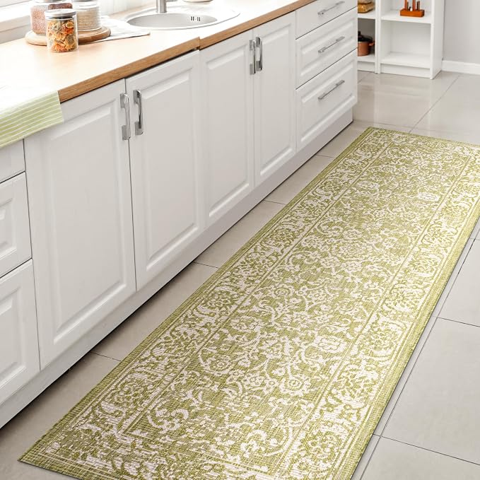 JONATHAN Y Weave Floral Indoor Outdoor Runner Rug 2X10 Green/Cream, Tela by JONATHANY