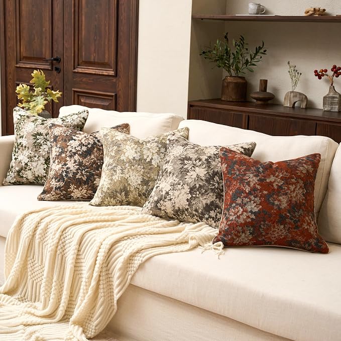 Yangest Neutral Floral Pillow Cover 24 x 24 Inches, Vintage Chenille Square - Image 7