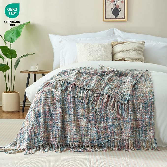 Multi-Color Pink Blue Cable Knitted Throw Blanket - Image 2