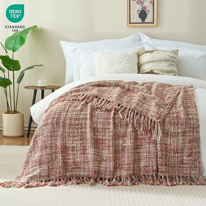 Multi-Color Light Pink Cable Knitted Throw Blanket - Image 2