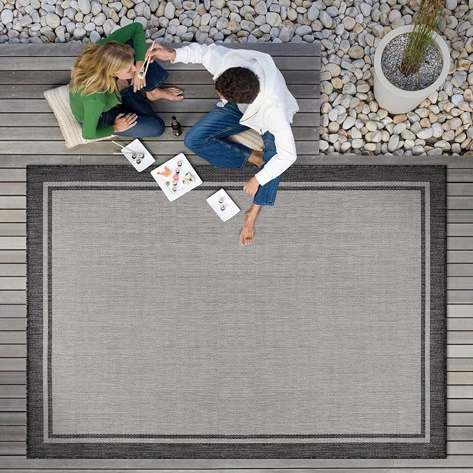 CAMILSON Indoor Outdoor Rug, 5x7 Bordered Gray Modern Area Rugs - Image 4