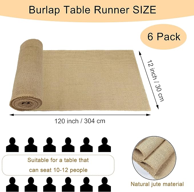 6 Pack 12 x 120 Inch Burlap Table Runners, Natural Rustic Jute Runner Bulk - Image 2