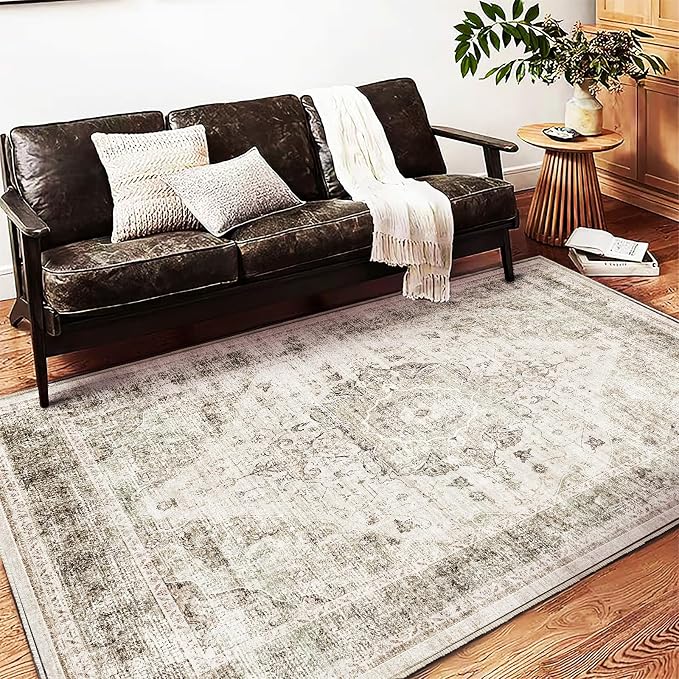 Washable Area Rug 4'x6' Floral Khaki Traditional Floor Cover Foldable Thin Rugs - Image 3