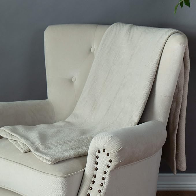 Sticky Toffee Cotton Throw Blanket, 60 x 50 Inch, Tan Beige Herringbone Weave - Image 4