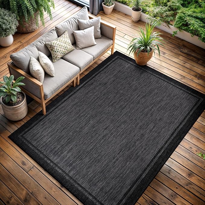 CAMILSON Indoor Outdoor Rug, 9x12 Bordered Dark Grey Black Modern Large Area by CAMILSONIndoorOutdoorAreaRugs