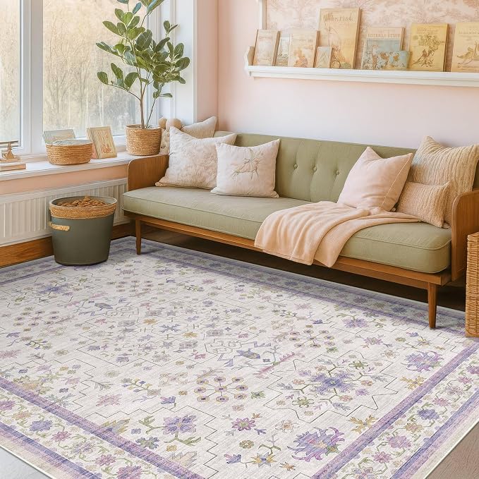 Purple Rugs for Girls Bedroom, Non Slip Machine Washable 4x6 Floral Area Rug - Image 3