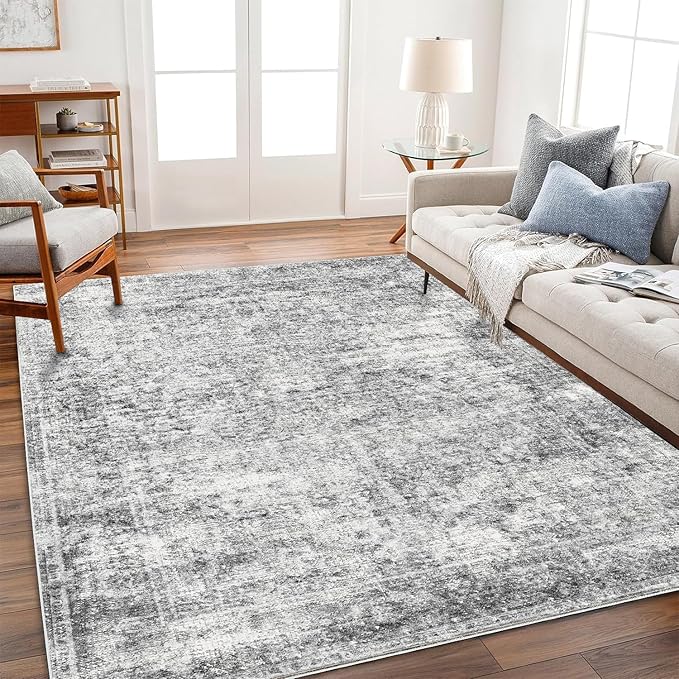 Area Rug 4x6 Washable Rug Gray Vintage Traditional Floor Cover Foldable Thin by CHAMPLANT