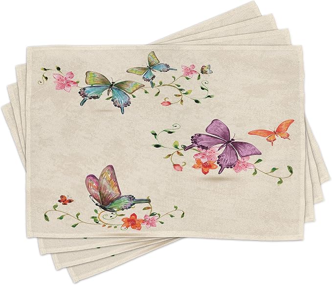 Ambesonne Butterfly Place Mats Set of 8, Springtime Flying Moths on Vintage by Ambesonne