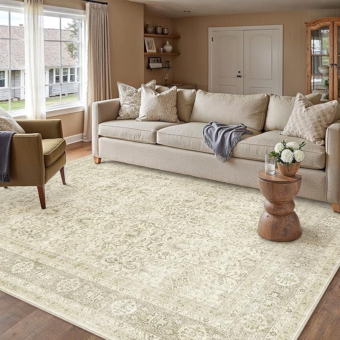 Vintage Area Rug 8x10 Beige Washable Living Room Large Carpet Non Slip Bedroom - Image 7