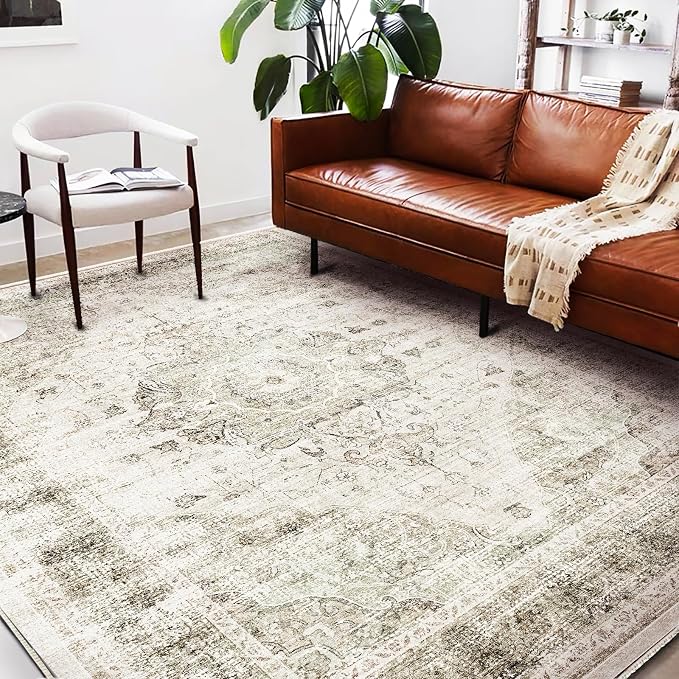 Washable Area Rug 10'x14' Floral Khaki Boho Design Non-Shedding Easy Care Ideal - Image 2