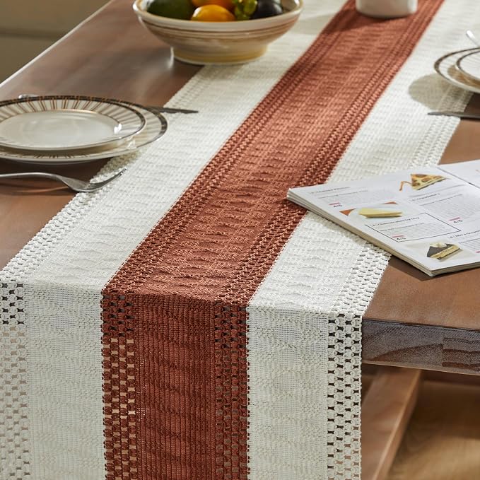 ZeeMart Macrame Style Bicolor Stitching Table Runner, 14 x 72 Inch - Image 5