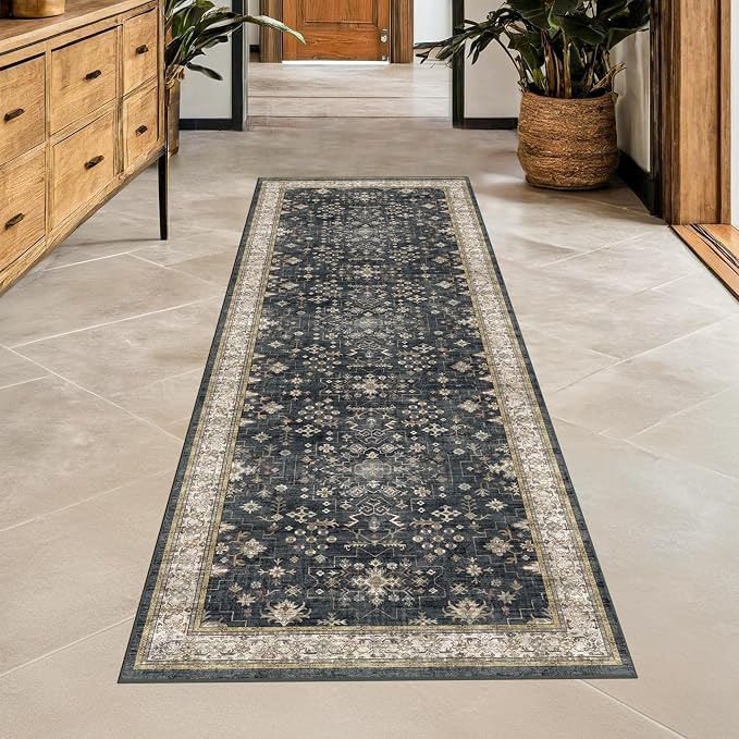 Black Boho Washable 2x6 Runner Rugs by HazoHaus