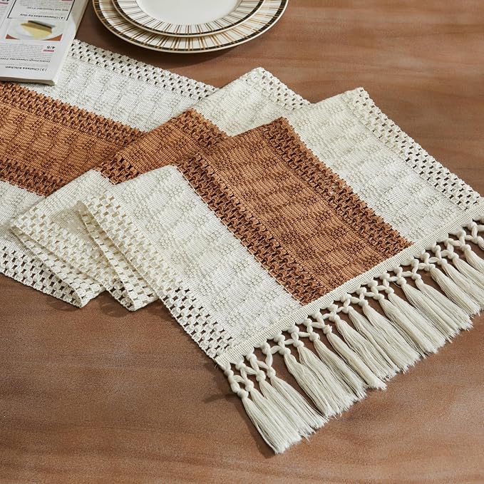 ZeeMart Macrame Style Bicolor Stitching Table Runner, 14 x 48 Inch Caramel/Ivory by ZEEMARTONLINE