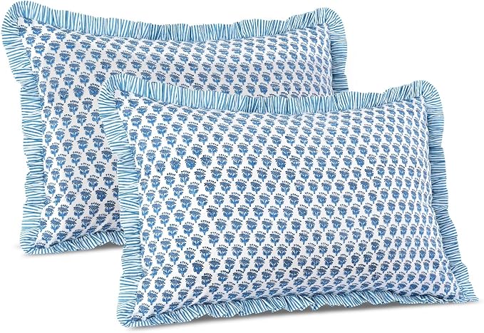CPC Apatite Blue 100% Cotton Block Print Ruffle Sham Cover 20X30 inch Pack of 2 by COTTONPRINTCLUB