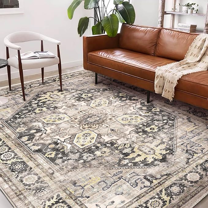 Washable Area Rug 8'x10' Black-Purple Khaki Retro Boho Design Non-Shedding - Image 2