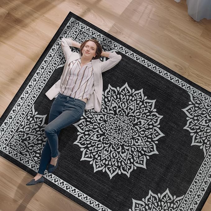 CAMILSON Outdoor Rug, 6x9 Medallion Black White Modern Area Rugs - Image 10