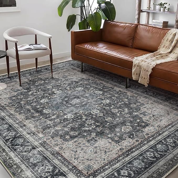 Washable Area Rug 9'x12' Retro Boho Design Non-Shedding Easy Care Ideal by CHAMPLANT
