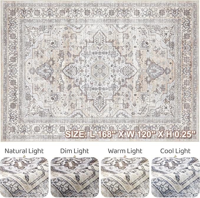 10x14 Area Rugs Living Room: Washable Boho Large Neutral Vintage Soft Rug Stain - Image 9