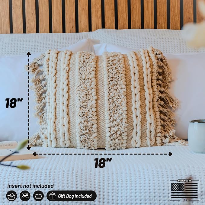 Decorative Boho-Chic Square Pillow Cover 18x18 Handwoven Tufted Braided Cotton - Image 2