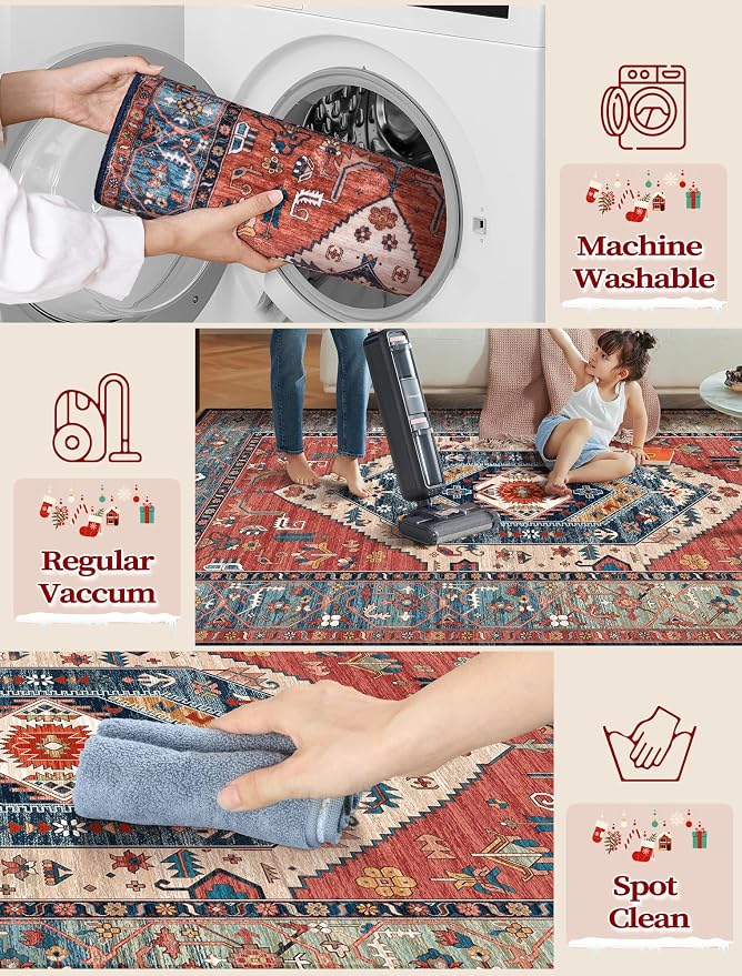SERISSA Boho Washable Runner Rug, 2x5 Non-Slip Vintage Rust Hallway Kitchen - Image 2
