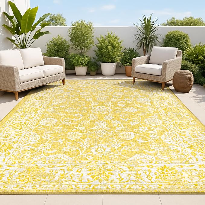 JONATHAN Y Weave Floral Indoor Outdoor Area Rug 9X12 Yellow/Cream, Tela by JONATHANY