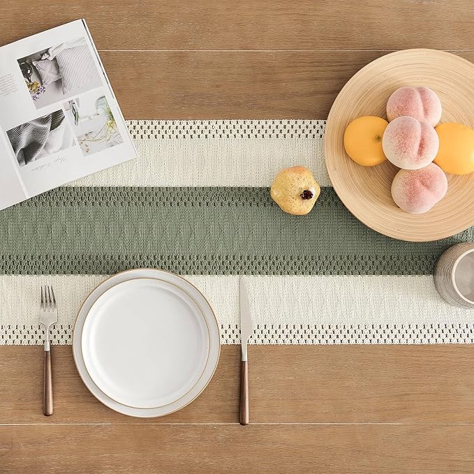 ZeeMart Macrame Style Bicolor Stitching Table Runner, 14 x 48 Inch Green/Ivory - Image 4